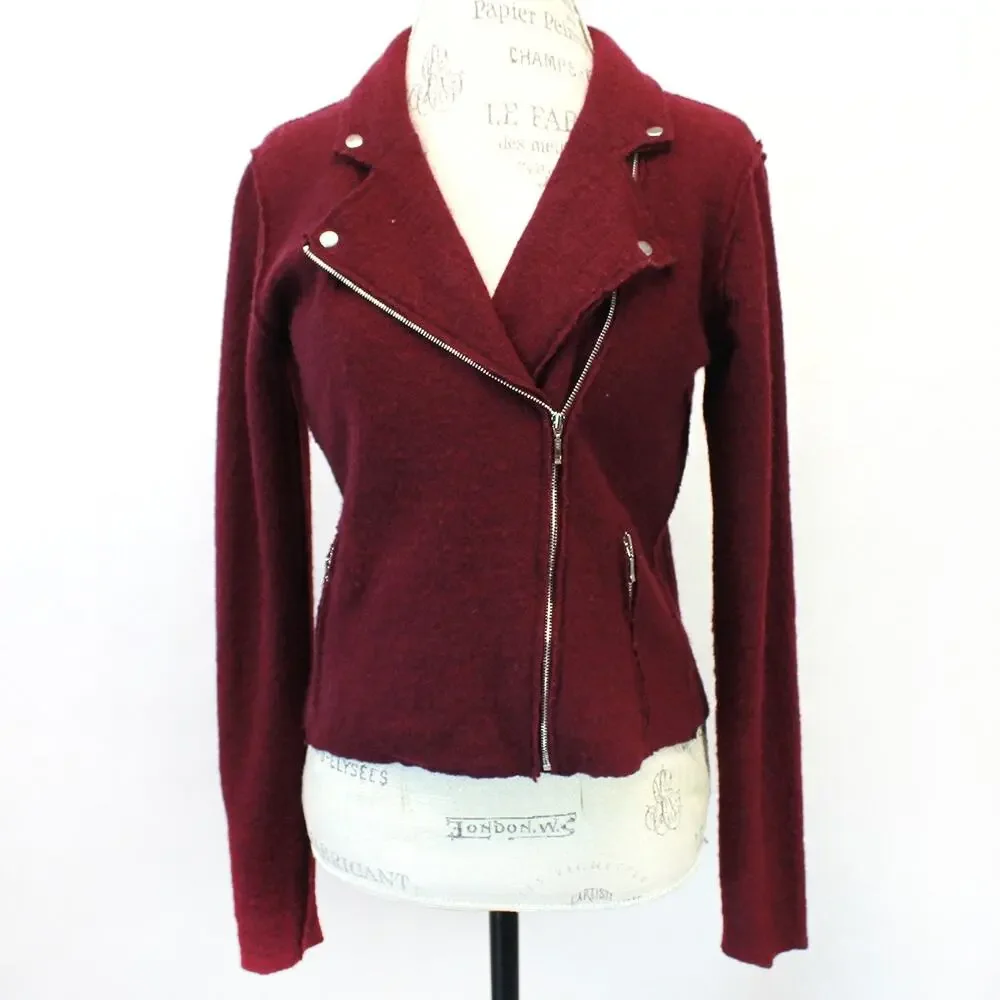 Anthropologie Anthro MOTH 100% Wool Burgundy Motorcycle Jacket Blazer Y2K Small